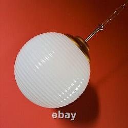 Vintage opaline milk glass and brass round globe pendant ceiling light Bohemia