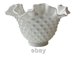 Vintage signed Fenton White Milk Glass Hobnail bowl Ruffle edge candy dish