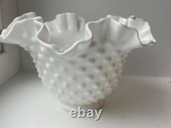 Vintage signed Fenton White Milk Glass Hobnail bowl Ruffle edge candy dish