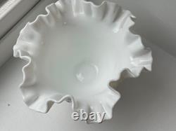 Vintage signed Fenton White Milk Glass Hobnail bowl Ruffle edge candy dish