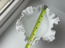 Vintage signed Fenton White Milk Glass Hobnail bowl Ruffle edge candy dish