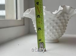 Vintage signed Fenton White Milk Glass Hobnail bowl Ruffle edge candy dish