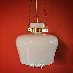 Vintage white opaline milk glass pendant ceiling light with brass hanging chains