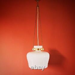 Vintage white opaline milk glass pendant ceiling light with brass hanging chains