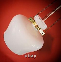 Vintage white opaline milk glass pendant ceiling light with brass hanging chains