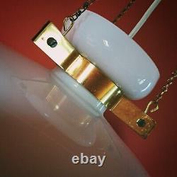 Vintage white opaline milk glass pendant ceiling light with brass hanging chains