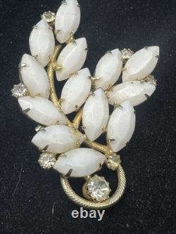 Vntg JULIANA Brooch withWhite Milk Glass Navettes & Aurora Borealis AB Rhinestones