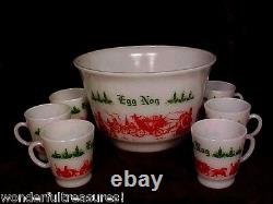 Vntg Milk Glass CHRISTMAS Egg Nog Punch Bowl & Mug Set Horses & Carriage Design