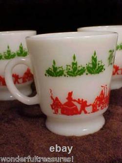 Vntg Milk Glass CHRISTMAS Egg Nog Punch Bowl & Mug Set Horses & Carriage Design