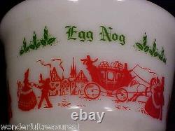 Vntg Milk Glass CHRISTMAS Egg Nog Punch Bowl & Mug Set Horses & Carriage Design