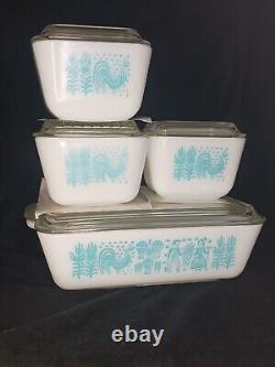 Vntg PYREX 8 Piece Refridgerator Dish Set Butterprint Turquoise Rooster Lids