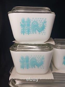 Vntg PYREX 8 Piece Refridgerator Dish Set Butterprint Turquoise Rooster Lids