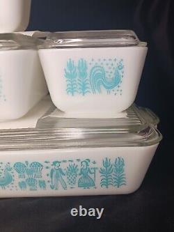 Vntg PYREX 8 Piece Refridgerator Dish Set Butterprint Turquoise Rooster Lids