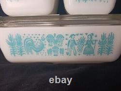 Vntg PYREX 8 Piece Refridgerator Dish Set Butterprint Turquoise Rooster Lids