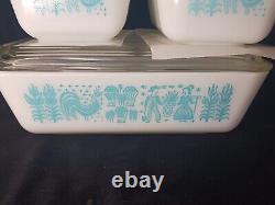 Vntg PYREX 8 Piece Refridgerator Dish Set Butterprint Turquoise Rooster Lids