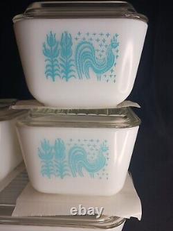 Vntg PYREX 8 Piece Refridgerator Dish Set Butterprint Turquoise Rooster Lids