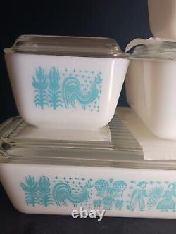 Vntg PYREX 8 Piece Refridgerator Dish Set Butterprint Turquoise Rooster Lids