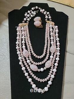 Vntg Robert Pink & White Milk Glass Necklace With Matching Clipon Earrings