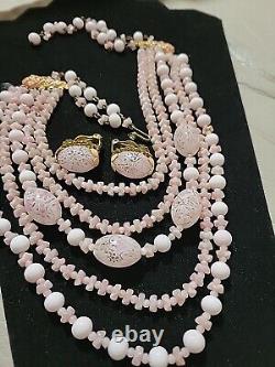 Vntg Robert Pink & White Milk Glass Necklace With Matching Clipon Earrings