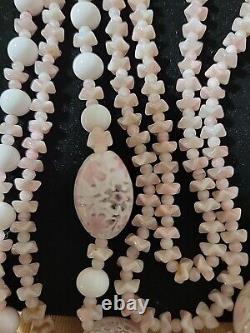 Vntg Robert Pink & White Milk Glass Necklace With Matching Clipon Earrings