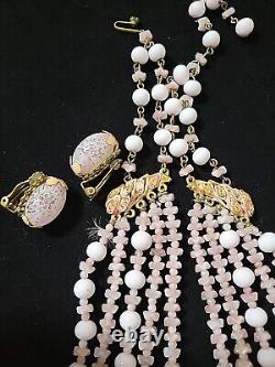 Vntg Robert Pink & White Milk Glass Necklace With Matching Clipon Earrings