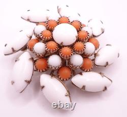 Vtg 1950s Brooch Flower Pin Pinwheel White Milk Glass Navettes Round Coral Beads