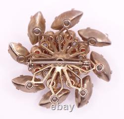 Vtg 1950s Brooch Flower Pin Pinwheel White Milk Glass Navettes Round Coral Beads