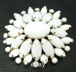 Vtg 1950s Milk Glass Brooch Oval Domes Cluster White Prong Set Stones Gold Tone