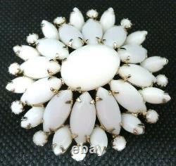 Vtg 1950s Milk Glass Brooch Oval Domes Cluster White Prong Set Stones Gold Tone