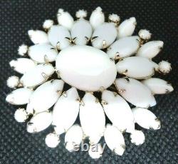 Vtg 1950s Milk Glass Brooch Oval Domes Cluster White Prong Set Stones Gold Tone