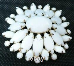 Vtg 1950s Milk Glass Brooch Oval Domes Cluster White Prong Set Stones Gold Tone