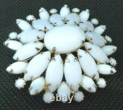 Vtg 1950s Milk Glass Brooch Oval Domes Cluster White Prong Set Stones Gold Tone