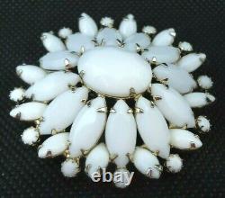 Vtg 1950s Milk Glass Brooch Oval Domes Cluster White Prong Set Stones Gold Tone