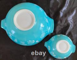 Vtg 1958 Pyrex Fancy Free Hot Air Balloons Cinderella Chip & Dip Bowls Turquoise