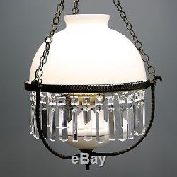 Vtg 24 White Hanging Parlor Lamp Prism Crystals Milk Glass Light Shade 3-Way