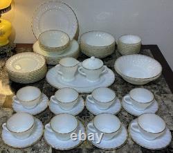 Vtg Anchor Hocking Fire King Milk Glass 22k Gold Trim Dinner For 8 1960s 57pcs