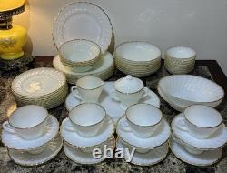 Vtg Anchor Hocking Fire King Milk Glass 22k Gold Trim Dinner For 8 1960s 57pcs