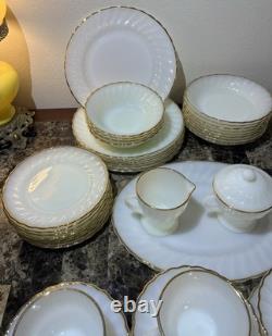 Vtg Anchor Hocking Fire King Milk Glass 22k Gold Trim Dinner For 8 1960s 57pcs