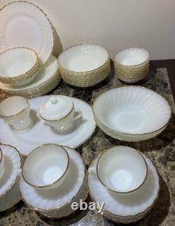 Vtg Anchor Hocking Fire King Milk Glass 22k Gold Trim Dinner For 8 1960s 57pcs