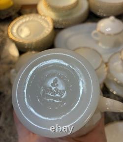 Vtg Anchor Hocking Fire King Milk Glass 22k Gold Trim Dinner For 8 1960s 57pcs