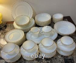 Vtg Anchor Hocking Fire King Milk Glass 22k Gold Trim Dinner For 8 1960s 57pcs