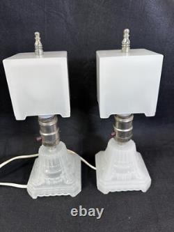 Vtg Antique 1930's Art Deco White Milk Glass Accent Vanity Boudoir Lamp Set 2