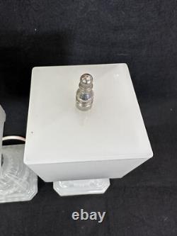 Vtg Antique 1930's Art Deco White Milk Glass Accent Vanity Boudoir Lamp Set 2