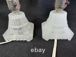 Vtg Antique 1930's Art Deco White Milk Glass Accent Vanity Boudoir Lamp Set 2