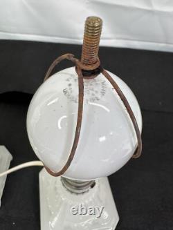 Vtg Antique 1930's Art Deco White Milk Glass Accent Vanity Boudoir Lamp Set 2