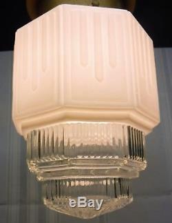 Vtg Art Deco Skyscrsper Flush Mount Ceiling Fixture Church Light Milkglass Shade