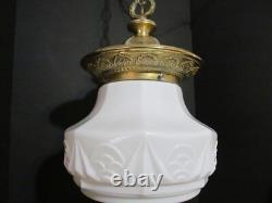 Vtg Art Deco White Milk Glass School House Hanging Glass Shade & Brass Fixture