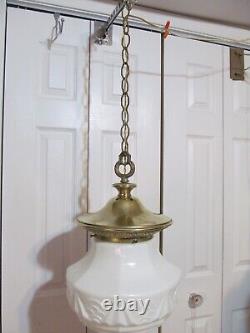Vtg Art Deco White Milk Glass School House Hanging Glass Shade & Brass Fixture