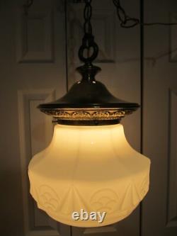 Vtg Art Deco White Milk Glass School House Hanging Glass Shade & Brass Fixture