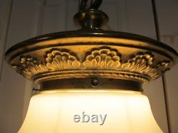 Vtg Art Deco White Milk Glass School House Hanging Glass Shade & Brass Fixture